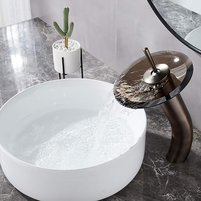 Waterfall Bathroom Faucet Glass Single Handle Solid Brass Basin Lavatory Vessel Sink Vanity Faucet, Tall, Oil Rubbed Bronze …