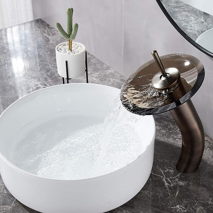 Waterfall Bathroom Faucet Glass Single Handle Solid Brass Basin Lavatory Vessel Sink Vanity Faucet, Tall, Oil Rubbed Bronze …