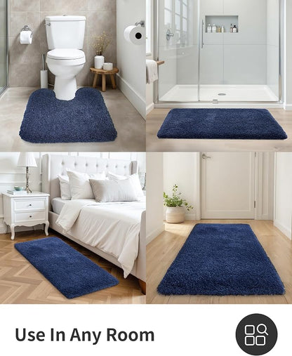 ILANGO Navy Blue Bathroom Rugs 70" × 24" Non Slip & Super Absorbent Thick Soft, Washable Bath Carpet Runner for Floor, Microfiber Plush Shaggy Bath Mats with Rubber for Bedroom Bathtub Shower Room