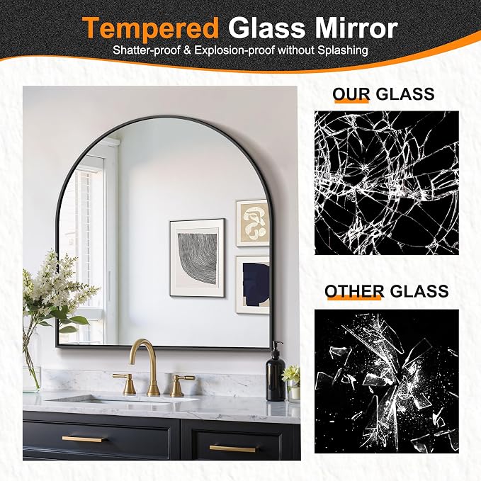 Arched Bathroom Mirror, Black, 32"x30" | Wall Mounted, Vanity Mirror, For Bedroom, Living Room and Entryway