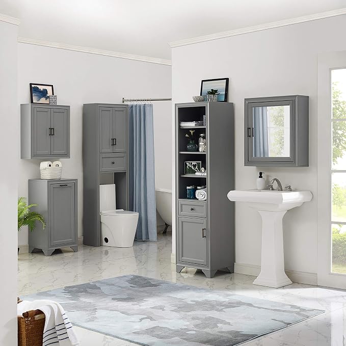 Crosley Furniture Tara Wall Mounted Bathroom Storage Medicine Cabinet with Shelves, Vintage Gray