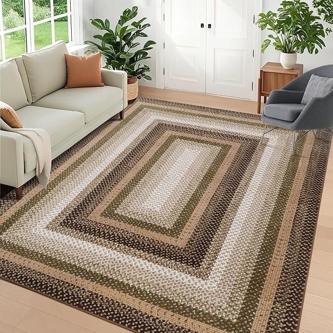 Imitation Braided Collection-Print Washable Area Rugs 8x10 Rug for Living Room Bordered Bedroom Rug Farmhouse Large Non Slip Throw Rugs Soft Low Pile Stain Resistant Carpet for Dining Room