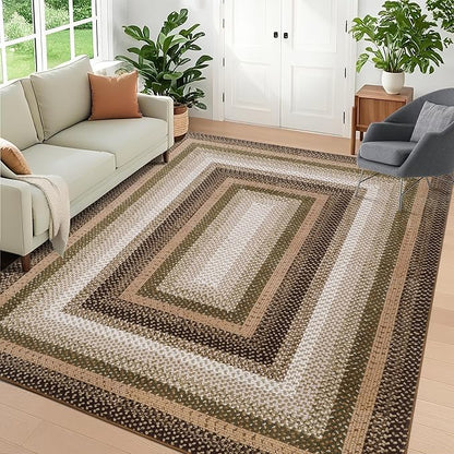 Imitation Braided Collection-Print Washable Area Rugs 8x10 Rug for Living Room Bordered Bedroom Rug Farmhouse Large Non Slip Throw Rugs Soft Low Pile Stain Resistant Carpet for Dining Room