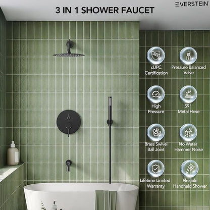 10" High-Pressure Rainfall Shower System with Handheld Spray, Wall Mount Bathroom Shower Faucet Set with Tub Spout (Matte Black)