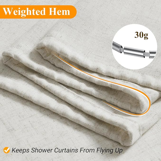 Neutral Extra Long Linen Shower Curtains 90 Inches Long for Bathroom Neutral Boho Farmhouse Water Repellent Vintage Country Style Rustic Decor Bath Drapes with Hooks Ivory Beige 72x90