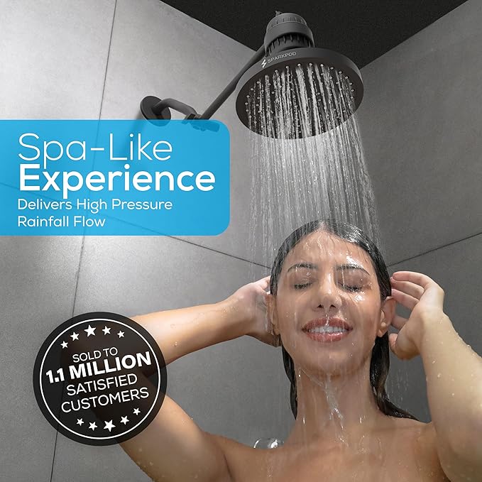 SparkPod Rain Shower Head, 8 Inch Round, Midnight Black Matte Finish | High Pressure Shower Heads, 90 Nozzles, Adjustable Showerhead, No Tools Needed, Universal Connection