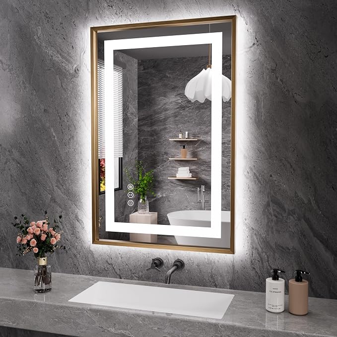 24"X36" LED Bathroom Mirror with Front Lit and Backlit(Brushed Gold) | Metal Framed Mirror, Stepless Dimmable, Anti-Fog, HD Reflection, Shatter-Proof, Memory, 3 Colors, Double LED Vanity Mirror.