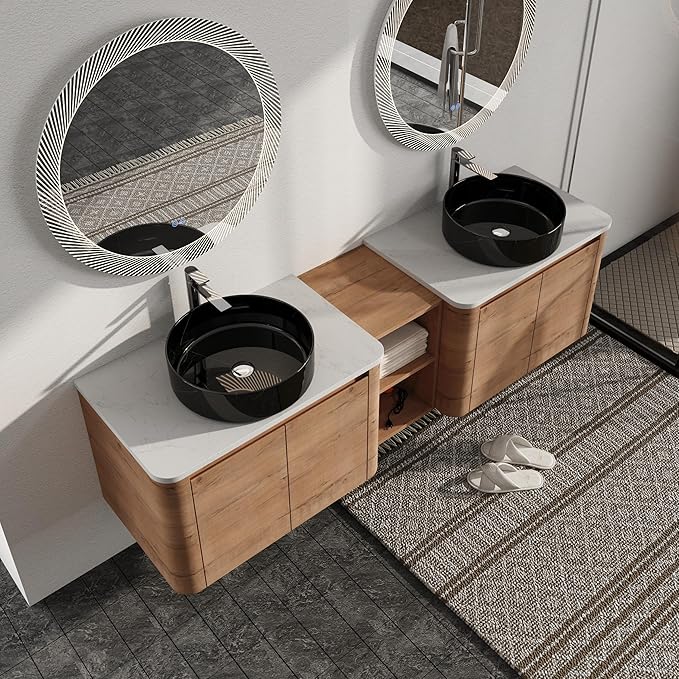 Malwee 72" Floating Bathroom Vanity with Sink, 72 Inch Wall Mounted Bathroom Cabinet Combo, Modern Double Sink Bath Storage Vanity Set, with 4 Soft Close Doors and Ceramic Vessel Basin Top(72-RR