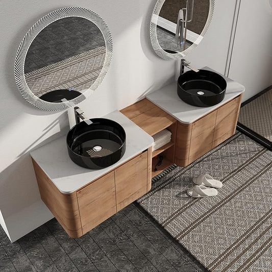 Malwee 72" Floating Bathroom Vanity with Sink, 72 Inch Wall Mounted Bathroom Cabinet Combo, Modern Double Sink Bath Storage Vanity Set, with 4 Soft Close Doors and Ceramic Vessel Basin Top(72-RR