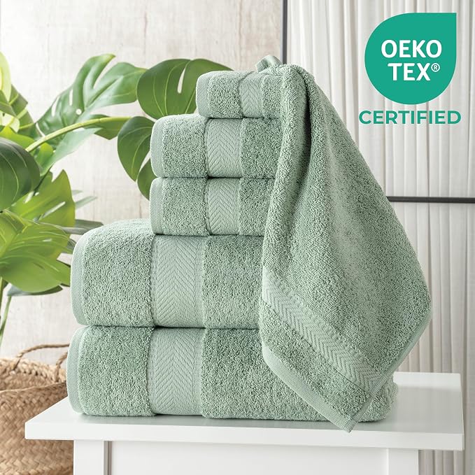 100% Turkish Cotton 6 Pcs Luxury Bath Towels, Soft & Absorbent Bathroom Towels Set (2 Bath Towel, 2 Hand Towel, 2 Washcloths)- Green