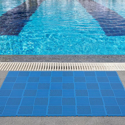 18 Pack Modular Interlocking Tiles Double Non-Slip 12"x12" Blue | 0.4" Thick with Drain Holes for Pool Deck Shower Garage Basement Boat Pet Area Wet Floors Easy Install