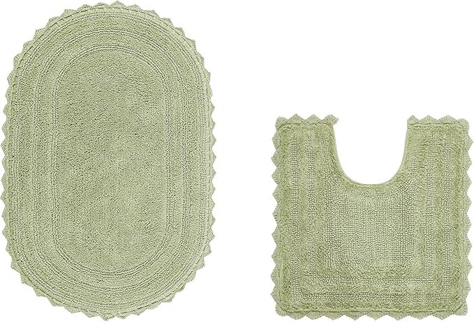 Better Trends 2 Piece Lilly Crochet Oval Rug (20x20 | 20x32 Oval) Bath Mat Toilet Rugs U Shaped 100% Cotton Soft Reversible Water Absorbent Washable for Bathroom Decor Contour Sage