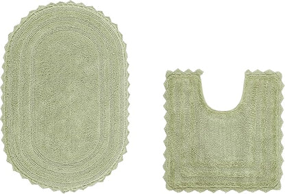 Better Trends 2 Piece Lilly Crochet Oval Rug (20x20 | 20x32 Oval) Bath Mat Toilet Rugs U Shaped 100% Cotton Soft Reversible Water Absorbent Washable for Bathroom Decor Contour Sage