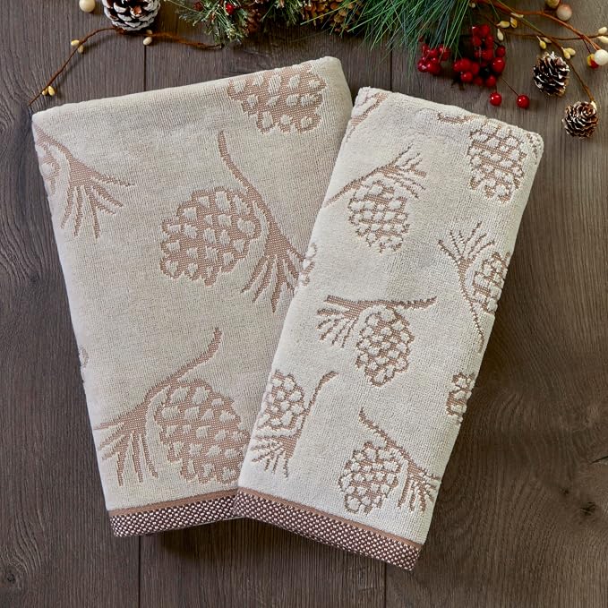 SKL Home Fall/Winter/Christmas Pinecone Hand Towel Set-2pc, Jacquard, Wheat | 100% Cotton. 550 GSM. Soft & absorbent jacquard. For the bathroom, kitchen or bar. Fun for fall, lodge/cabin décor & gifting.