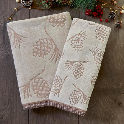 SKL Home Fall/Winter/Christmas Pinecone Hand Towel Set-2pc, Jacquard, Wheat | 100% Cotton. 550 GSM. Soft & absorbent jacquard. For the bathroom, kitchen or bar. Fun for fall, lodge/cabin décor & gifting.