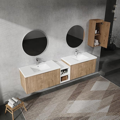 SSLine 84-Inch Double Sink Vanity Modern Wall Mounted Bathroom Vanity with Double Sink 84" Large Floating Bathroom Vanities Set with White Open Storage Shelf & 1 Side Cabinet,Brown White
