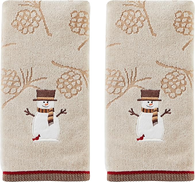 SKL Home Woodcut Snowman Hand Towel | 100% Cotton. Soft & absorbent pinecone jacquard with embroidery. Great for the bathroom, kitchen or bar & holiday gifting.