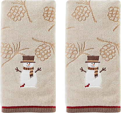SKL Home Woodcut Snowman Hand Towel | 100% Cotton. Soft & absorbent pinecone jacquard with embroidery. Great for the bathroom, kitchen or bar & holiday gifting.