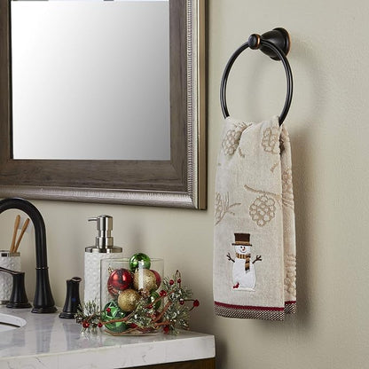 SKL Home Woodcut Snowman Hand Towel | 100% Cotton. Soft & absorbent pinecone jacquard with embroidery. Great for the bathroom, kitchen or bar & holiday gifting.