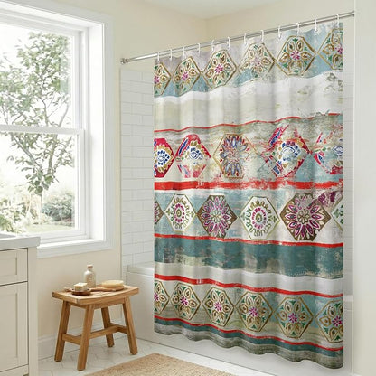 Americanflat 71x74 Boho Shower Curtain - Water-Resistant Long Shower Curtain with Durable Metal Grommets and 12 Hooks - 100% Polyester - Turquoise, Rust Red, Magenta and Olive Green