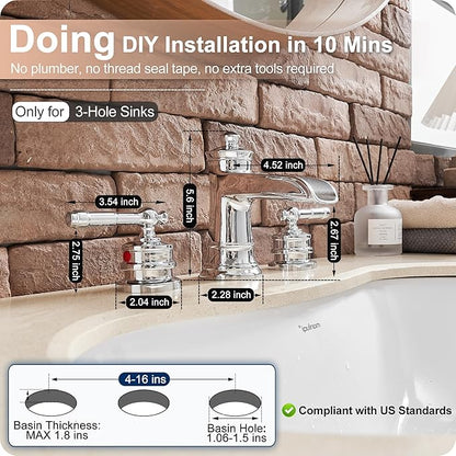 Chrome Widespread Waterfall Bathroom Faucet, Brass 3 Hole Bathroom Sink Faucet 4-16 Inch, 2 Handles with Supply Hose & Overflow Pop-Up Drain for Modern