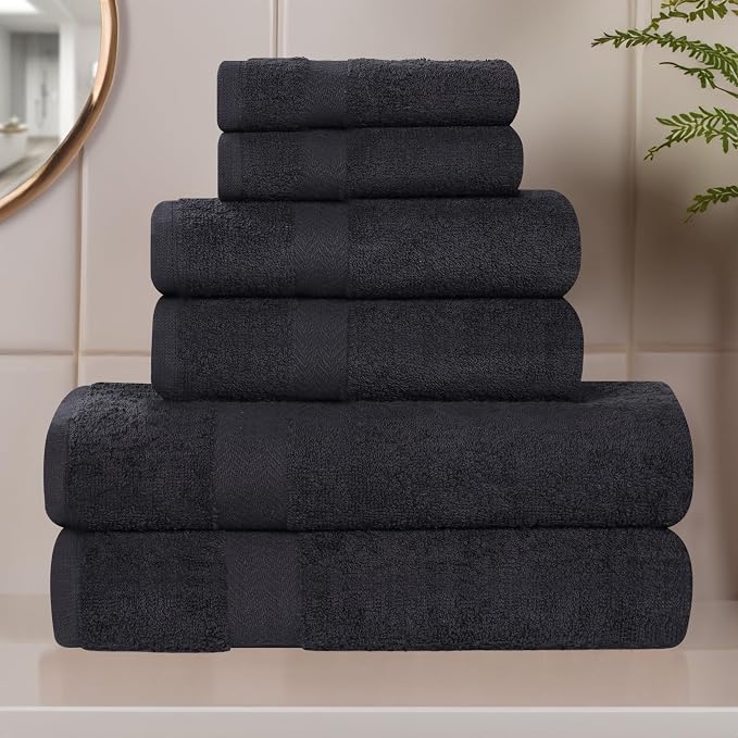 Superior 18-Piece Cotton Assorted Towel Set, Includes 8 Face Towel, 6 Hand, and 4 Bath Towels, Home, Bathroom, Guest Bath Essentials, Quick Dry, Absorbent, Franklin Collection - Black