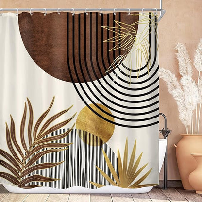 Mid Century Brown Boho Abstract Modern Gold Bathroom Shower Curtain Set | 72Wx72H Arch Sun design, waterproof HD print with fast-drying fabric and 12 hooks.