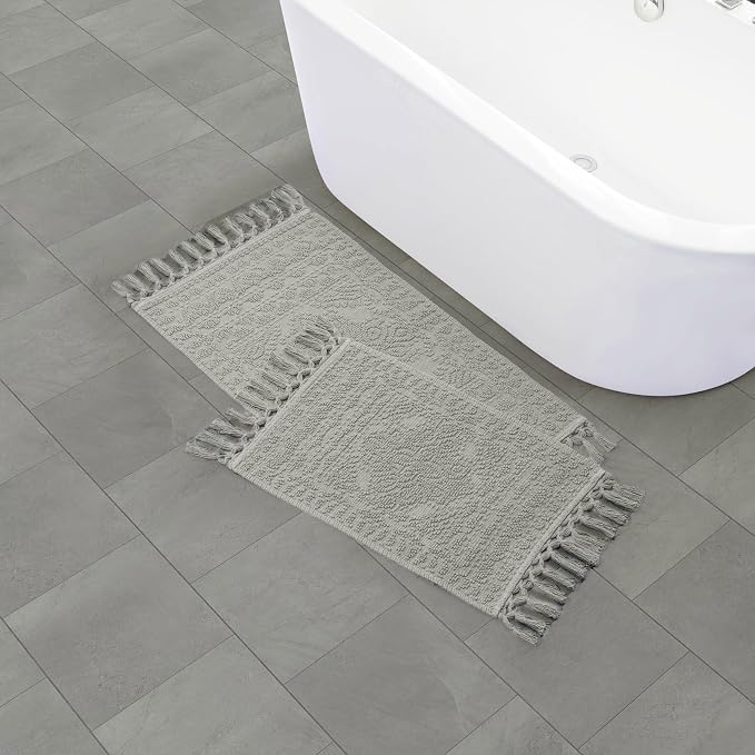French Connection Nellore Bathroom Rugs, Set of 2 Woven and Beaded Bathroom Mats, Durable Bath Rugs, Thick Bath Mats for Bathroom and Shower Rugs, 17" x 28" and 20" x 38", Medium Grey