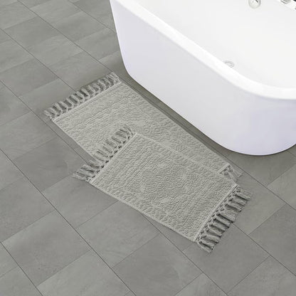 French Connection Nellore Bathroom Rugs, Set of 2 Woven and Beaded Bathroom Mats, Durable Bath Rugs, Thick Bath Mats for Bathroom and Shower Rugs, 17" x 28" and 20" x 38", Medium Grey
