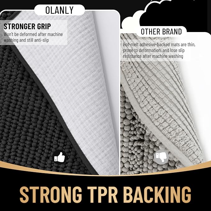 OLANLY Thick Chenille Large Bathroom Rugs 40x32, Absorbent Bath Mat, Black | Soft Bath Rugs, Rubber Backing, Machine Wash Dry, Bath Mats for Bathroom, Tub and Shower, Home Decor Accessories