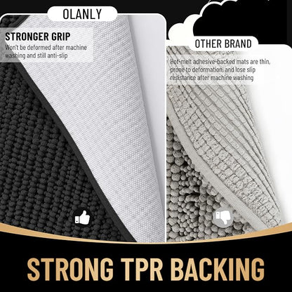 OLANLY Thick Chenille Large Bathroom Rugs 70x46, Absorbent Bath Mat, Black | Soft Bath Rugs, Rubber Backing, Machine Wash Dry, Bath Mats for Bathroom, Tub and Shower, Home Decor Accessories