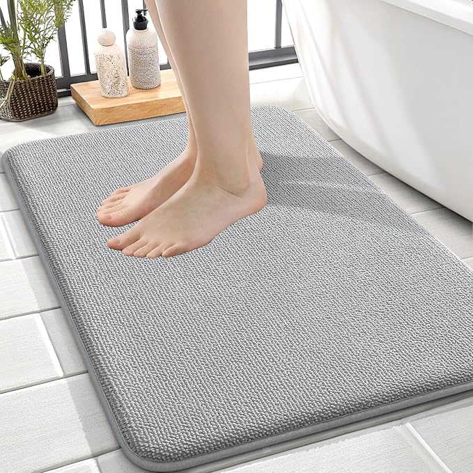 OLANLY Memory Foam Small Bathroom Rug 24x16, Absorbent Bath Mat, Light Grey | Soft Quick Dry Bath Rugs, Non-Slip Carpet, Machine Washable Mat for Bathroom Floor, Tub and Shower, Home Decor Accessories