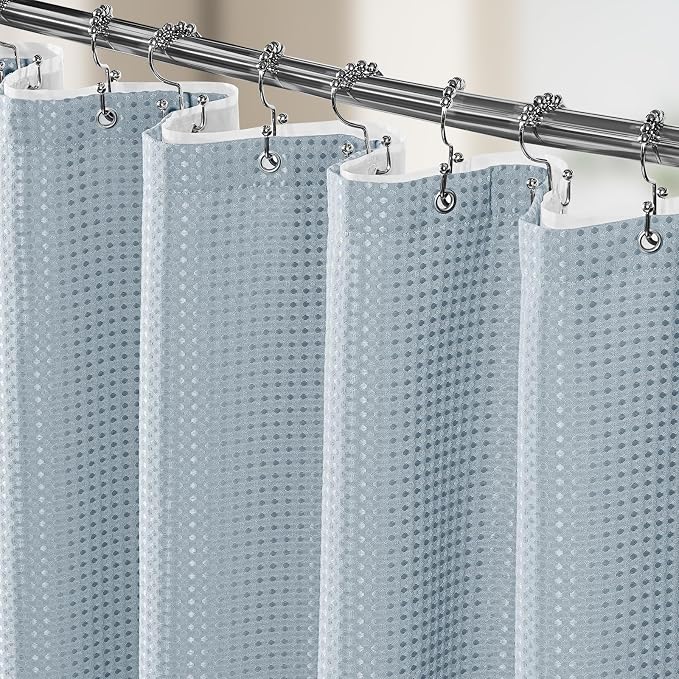 3 in 1 Shower Curtain Set, Waffle Shower Curtain and Liner Set with 12 Double Sided Shower Curtain Hooks, 258GSM Luxury Weighted Cloth Shower Curtains for Bathroom, 72 W x 72 H, Fog Blue