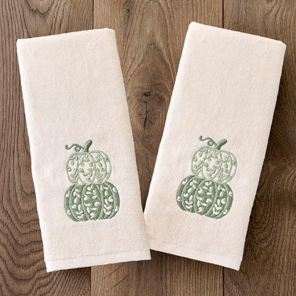 SKL Home Fall/Thanksgiving Scroll Pumpkin Hand Towel Set-2pc, Natural | 100% Cotton. Soft, embroidered velour. Great for use in the bathroom, kitchen or bar. Fun for Friendsgiving & gifting.