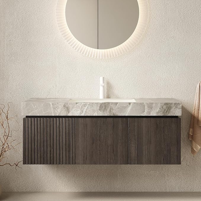 48 Inch Floating Bathroom Vanity with Sink Espresso, Wall-Mounted Bathroom Vanity with Drawer and Doors, Light Gray Sintered Stone Countertop and Ceramic Basin,Pre-Assembled,Espresso
