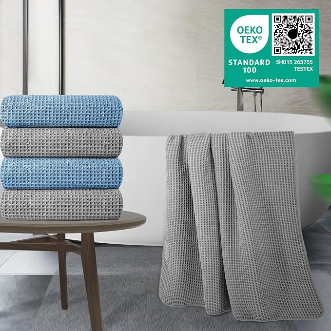 POLYTE 430 GSM Poly Blend Microfiber Quick Dry Waffle Bath Towel, 30x60 in | 4 Pack, Oversize, Lint Free, Body Towel