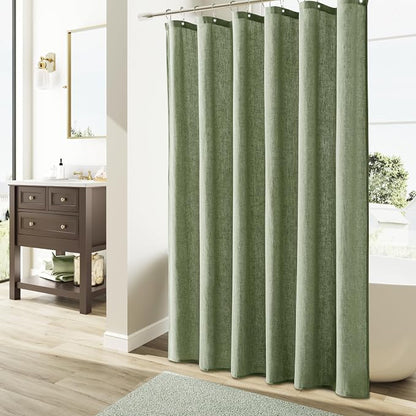 Long Shower Curtain 90 inches Long, Linen Rustic Weighted Fabric Shower Curtain Set with Hooks, Bohemian Country Thick Bath Curtains for Bathroom,72x90,Sage Green
