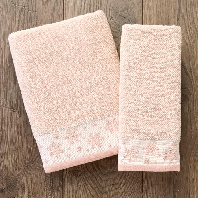 SKL Home Christmas/Winter Heather Snowflake Hand Towel Set-2pc, Blush Pink | 100% Cotton. 500 GSM. Plush & absorbent jacquard. Great for the bathroom, kitchen or bar & gifting.