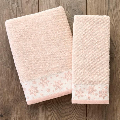 SKL Home Christmas/Winter Heather Snowflake Hand Towel Set-2pc, Blush Pink | 100% Cotton. 500 GSM. Plush & absorbent jacquard. Great for the bathroom, kitchen or bar & gifting.