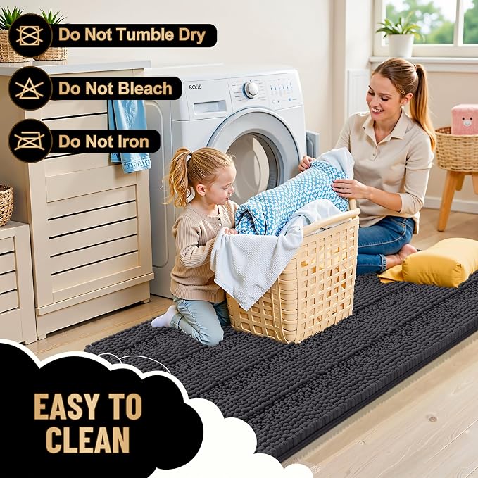 OLANLY Thick Bathroom Runner Rugs 47x17, Soft Chenille Bath Rugs, Dark Grey | Absorbent Striped, Rubber Backing, Machine Wash, Long Bath Mats for Bathroom Floor, Tub and Shower, Home Decor Accessories