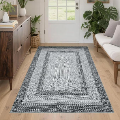 Washable Area Rugs 4x6 Rug for Living Room Indoor Mats for Entryway Soft Bedroom Rug Non Slip Modern Braided Print Area Rug Farmhouse Throw Rugs Low Pile Stain Resistant Carpet 4'x6' Grey