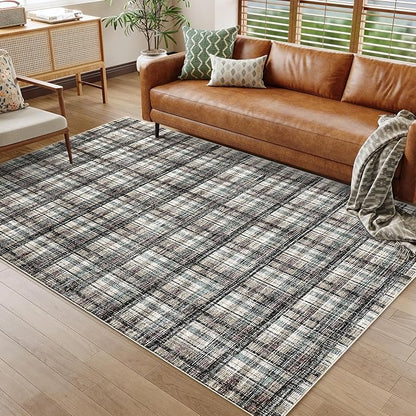 Modern Bordered 8x10 Area Rug for Living Room Washable Bedroom Rug Contemporary Large Area Rug Soft Non Slip Throw Rugs Low Pile Stain Resistant Carpet for Dining Room 8'x10' Teal&Dark Brown