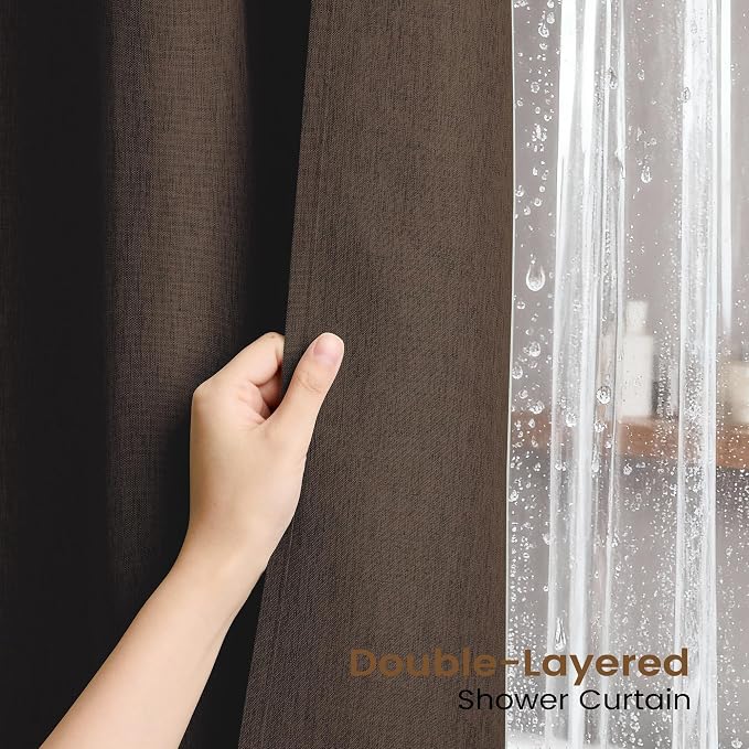 BTTN Brown 3 in 1 Linen Textured Fabric Shower Curtain with Liner, 72x72 | 230GSM Heavy Duty Polyester, Waterproof Clear Liner, Weighted Hem, 12 Plastic Hooks, Modern Hotel Style, Machine Washable