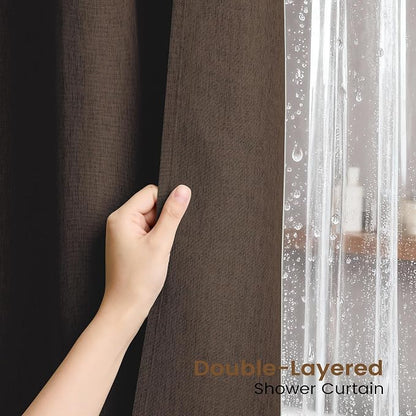 BTTN 72x84 Tall 3 in 1 Linen Texture Cloth Shower Curtain with Liner, Brown | Long Size, 230GSM Heavy Duty Polyester, Waterproof Clear Liner, Weighted Hem, 12 Plastic Hooks, Hotel Style, Machine Washable