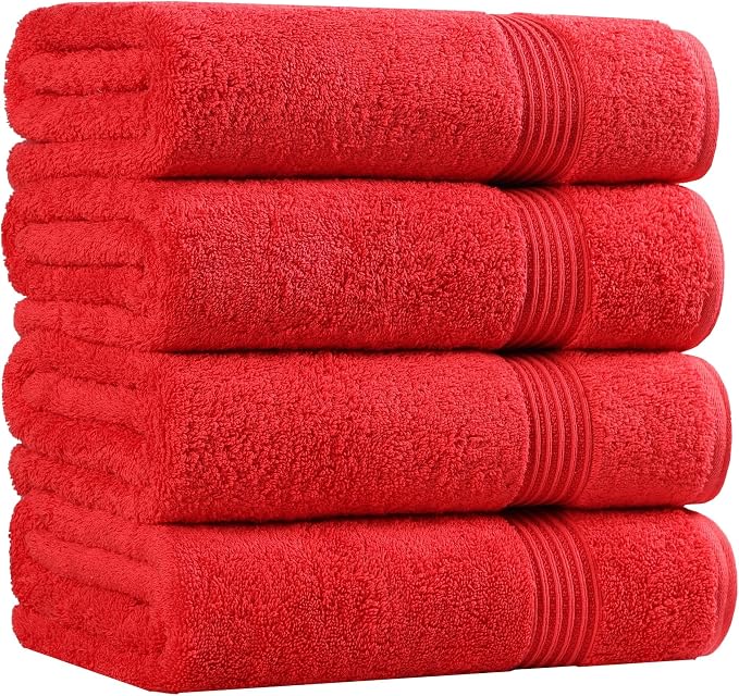 SUPERIOR Egyptian Cotton Bath Towel Set, Towels for Home Bathroom, Master, Guest Bath, Decor Essentials, Quick Dry, Absorbent, Large Body Towels, Spa, Hotel, Resort, Adult, Kids, Set of 4, Red