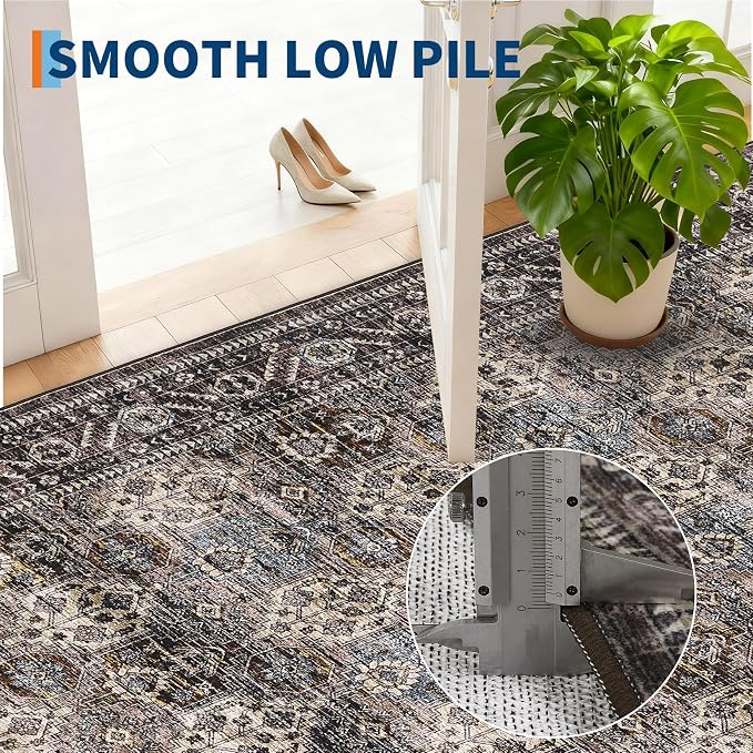 Washable Floral 2x6 Kitchen Rugs, Vintage Distressed Print Non Slip Hallway Runner, Retro Accent Ultra Thin Low Pile Throw Carpet for Entryway Bedroom Laundry Bathroom, Red Brown