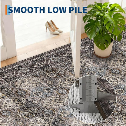 Washable Floral 2x6 Kitchen Rugs, Vintage Distressed Print Non Slip Hallway Runner, Retro Accent Ultra Thin Low Pile Throw Carpet for Entryway Bedroom Laundry Bathroom, Red Brown