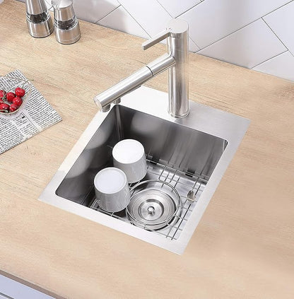 VCCUCINE Drop in Bar Sink, 15x15 Inch Topmount RV Small Kitchen Sink, Handmade Stainless Steel Wet Bar Sink, Outdoor Single Bowl, Brushed Nickel Prep Sink with Accessories