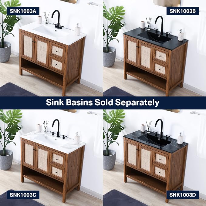 JONATHAN Y Jasper 36" Rattan Freestanding Vanity Cabinet Only, Walnut | 18" Depth 33" Height, 2-Shelf Storage, Soft-Close Door, Matte Black Hardware, Modern Minimalist Bathroom, MDF Wood Grain