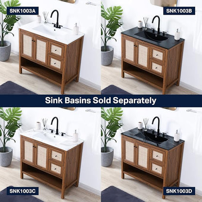 JONATHAN Y Jasper 36" Rattan Freestanding Vanity Cabinet Only, Walnut | 18" Depth 33" Height, 2-Shelf Storage, Soft-Close Door, Matte Black Hardware, Modern Minimalist Bathroom, MDF Wood Grain